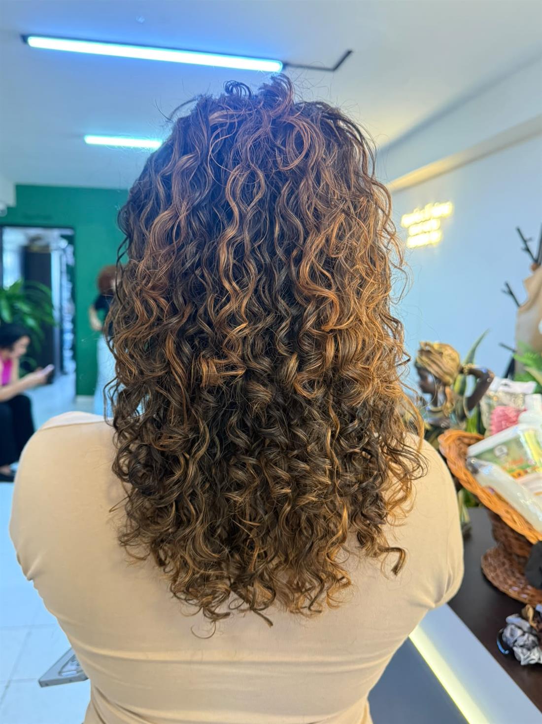 Rizos largos con reflejos caramelo vistos de espalda